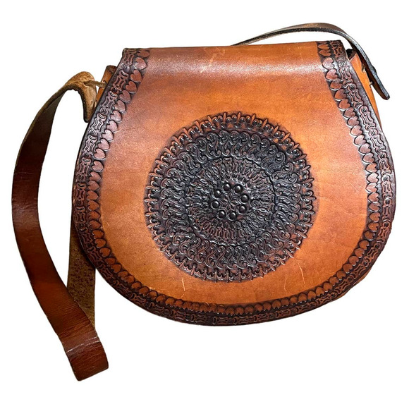 Vintage Handbags - Vintage Tooled Leather Brown Leather Saddle Purse